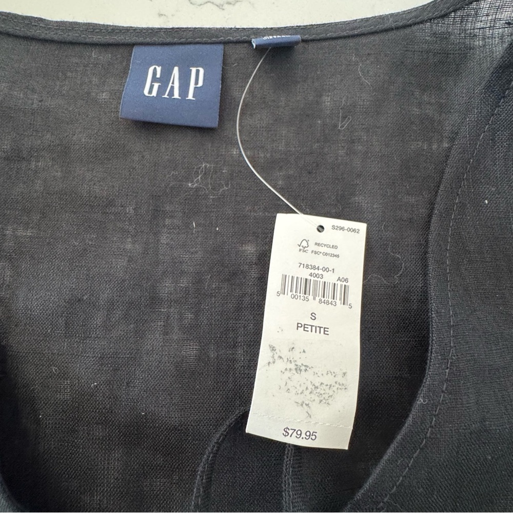 Gap Petite Black 100 Linen Tie Front Blouse Long Sleeve V Neck NWT Coastal - Picture 4 of 6